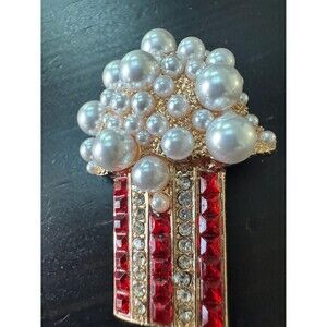 Vintage Popcorn Red White Stripes Pearl Crystals Rhinestone Brooch Pin B91